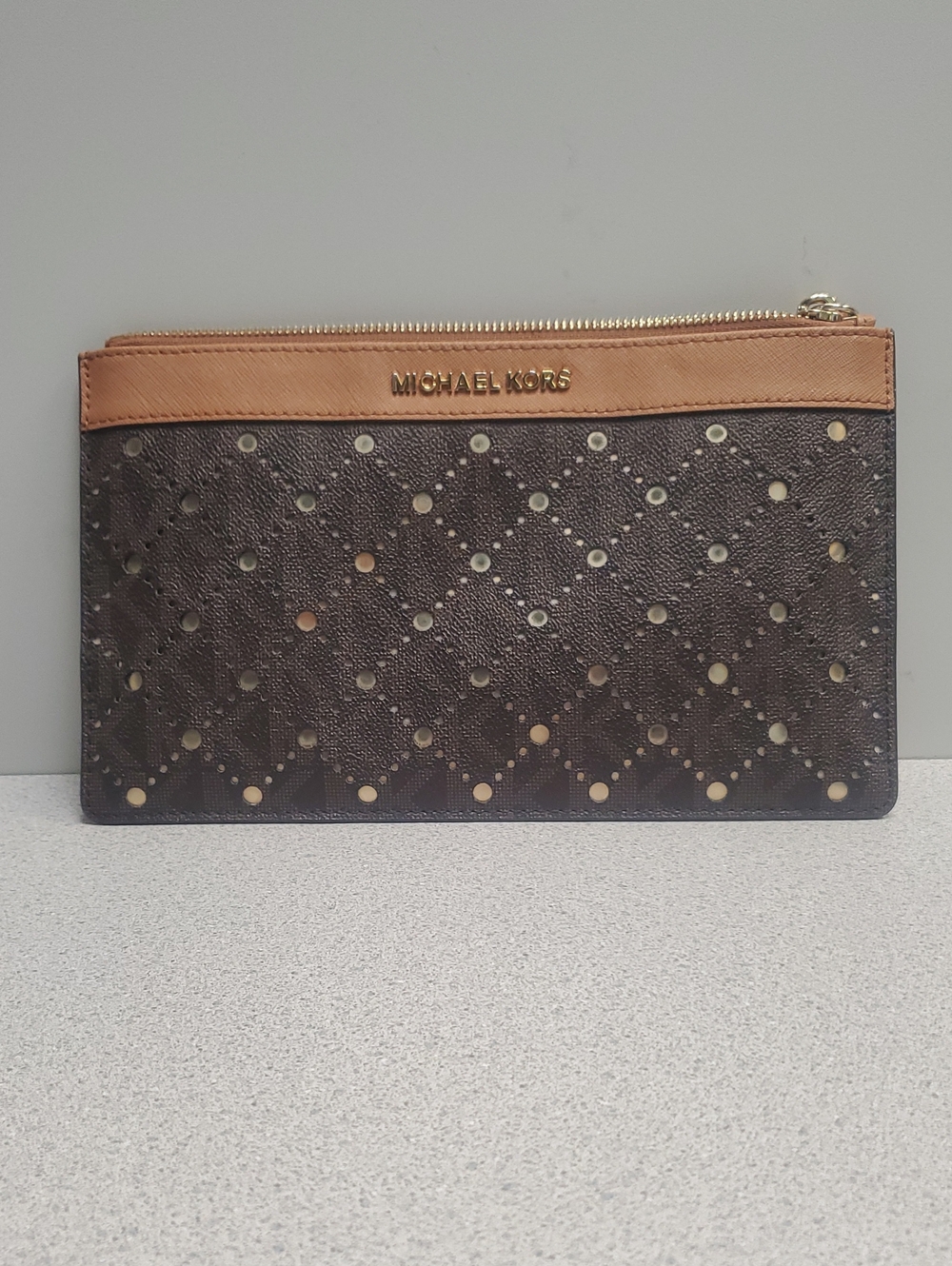Michael Kors Dark Brown Perforated Zip Clutch with Tan Trim
